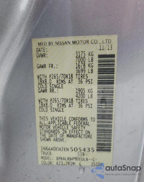 2014 Nissan Titan S from USA, damaged, VIN 1N6AA0CH2EN505435